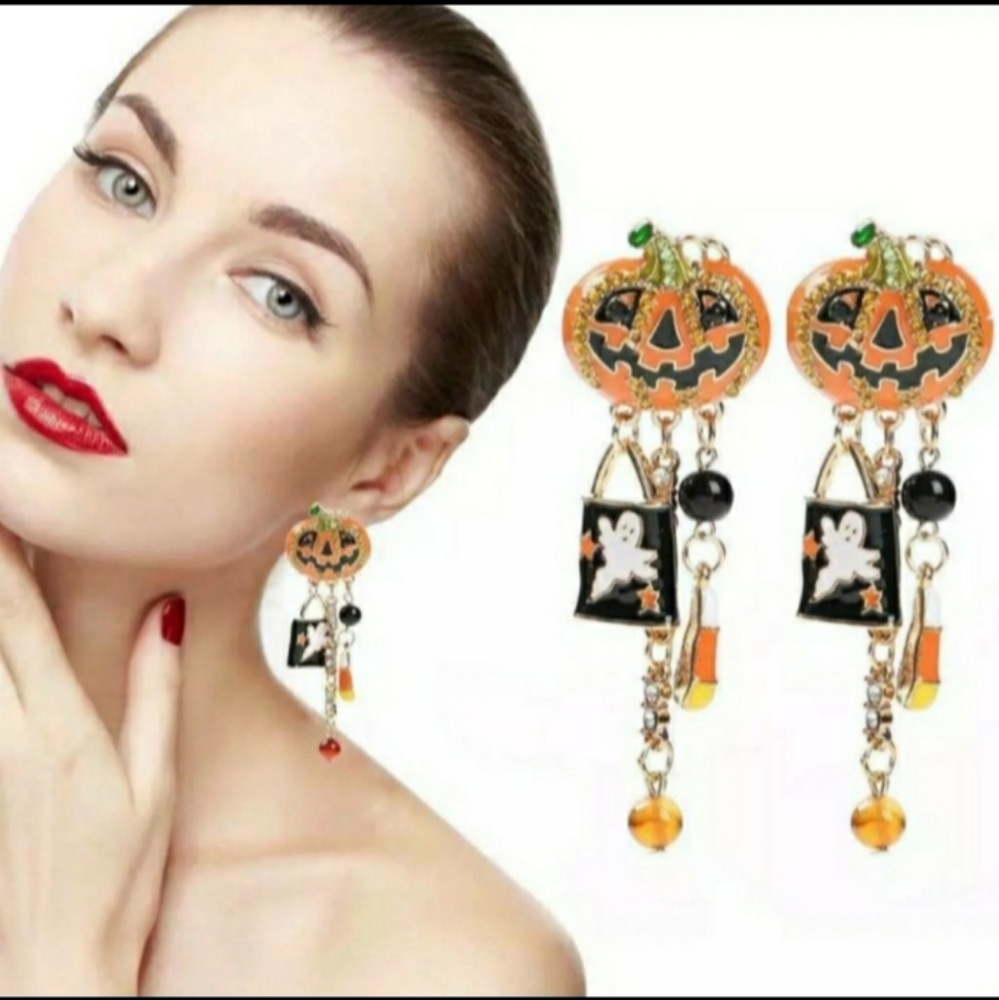 Orange Jack-o-lantern Halloween Candy Rhinestone Dangle Drop Stud Earrings - Picture 4 of 11